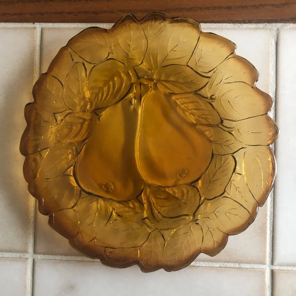 Indiana Glass Amber Pear Dish | Pressed Glass Fruit Pattern | Serving Plate
